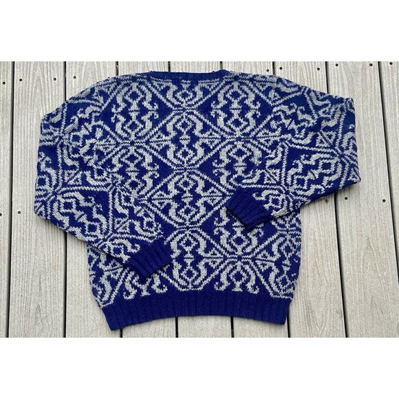 Vintage 1990s J.Crew Outfitters Hand Knit Shetland Wool Sweater Blue Gray L - Picture 11 of 13